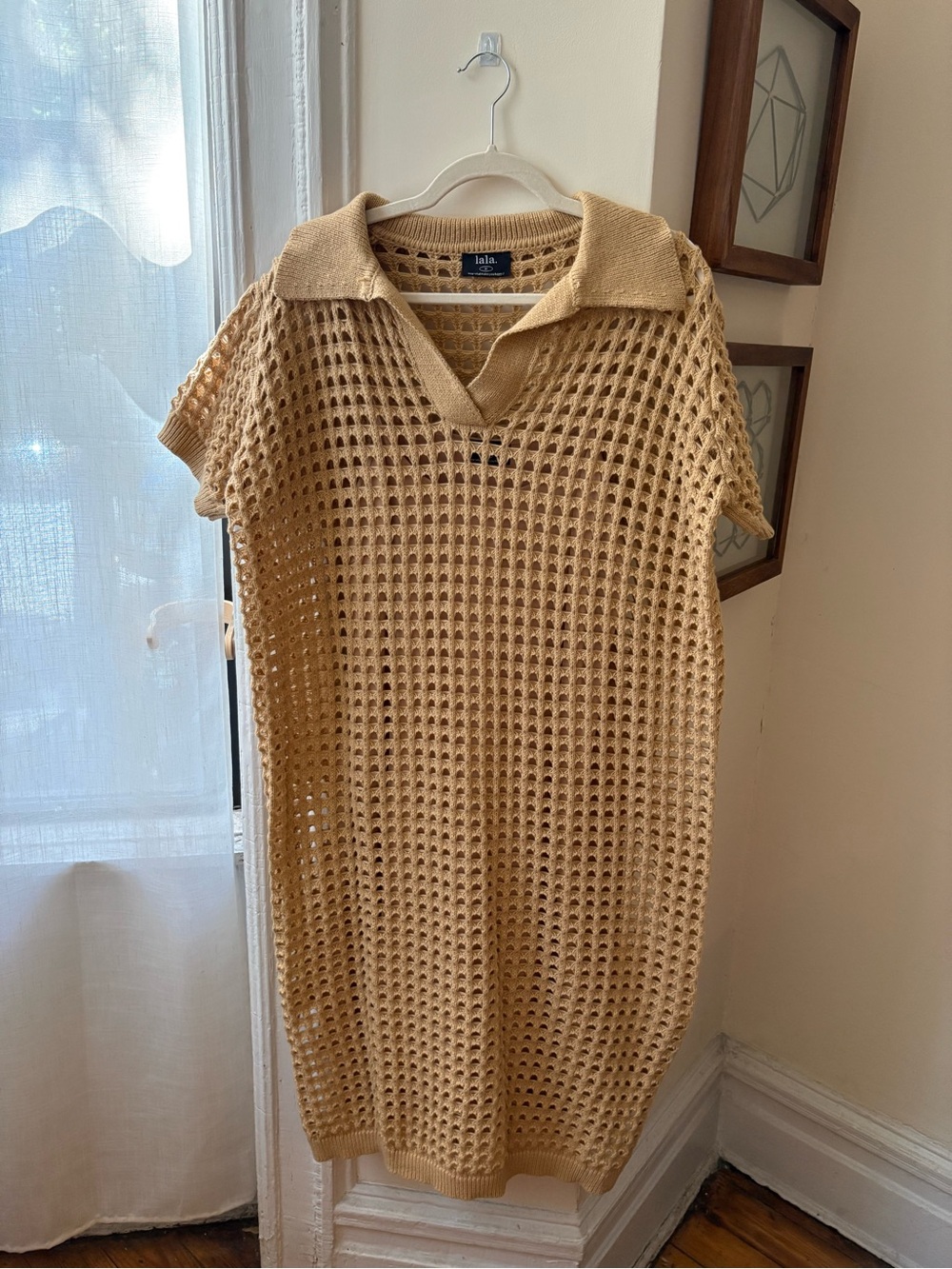 Dressed in LALA Beige Open-Knit Polo Midi Dress